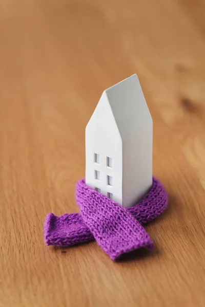 Minihus Violett Halsduk Träbord Begreppet Passiv Uppvärmning Hus Värmeisolering Byggnad — Stockfoto