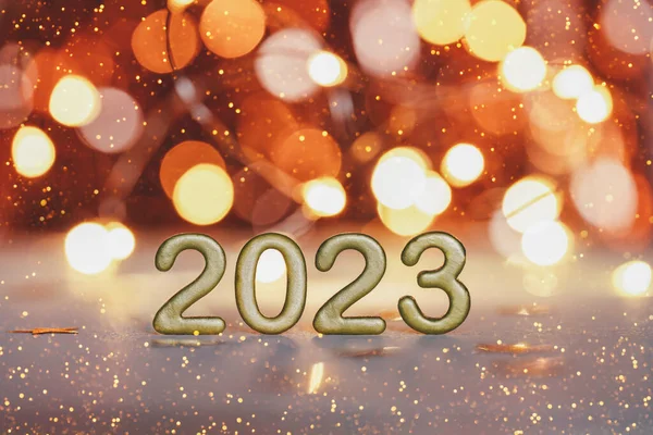 Gouden Nummers Van Het Jaar 2023 Gelukkig Nieuwjaarskaartje Gloeiende Feestelijke — Stockfoto