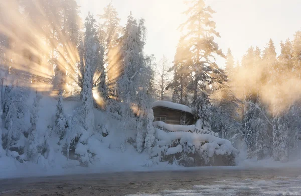 Cabane nea eau et forêt brumeuse en hiver — Photo