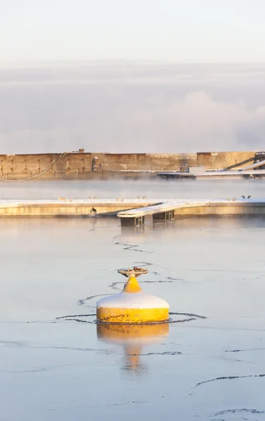 Yellow buoy in icy water — Stock Photo, Image