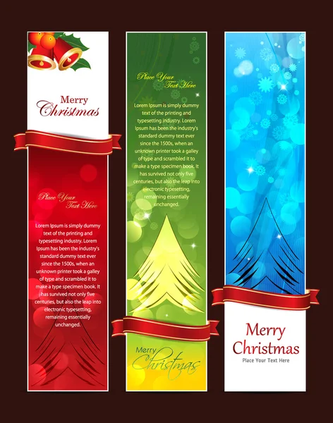 Hermosos banners de Navidad, volante brillante con fondo colorido ilustración vectorial. campanas, copos de nieve, estrellas, Eps 10 — Archivo Imágenes Vectoriales