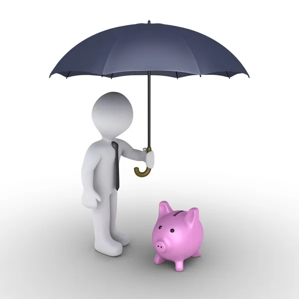 Person protecting pig money box with umbrella — Stock Photo, Image