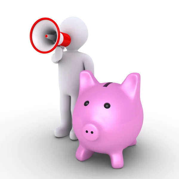 Pig money box and person with megaphone — Stock Photo, Image