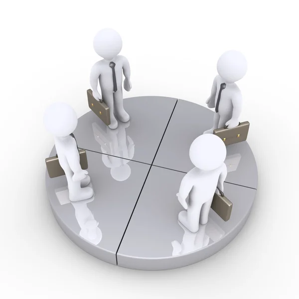Vier zakenlieden staan samen op grijs cirkeldiagram segmenten — Stockfoto