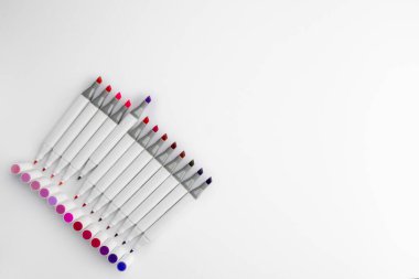 Çizimler için çift taraflı işaretlerden oluşan üst görünüm seti, beyaz kağıdın köşesindeki çeşitli pembe gölgeler, yanında duran kapaklar. Çoğunlukla odak noktası, büyük kopya alanı. Renk seçimi konsepti, çizimler