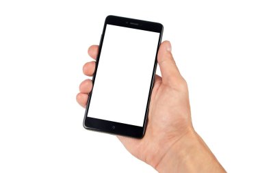 El ele tutuşan siyah akıllı telefon beyaz arkaplanda izole edildi.