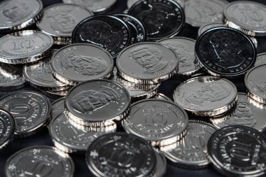 Ukrayna hrivnias sikkeleri. Ukrayna sikkelerinin arka planı 10 Hryvnia. Para ve finans