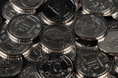 Gümüş sikkeler arka planda. Ukrayna 10 hryvnias sikkesi. Para ve mali durum. Ukrayna paraları