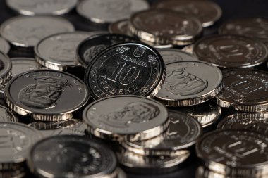 Ukrayna hrivnias sikkeleri. Ukrayna sikkelerinin arka planı 10 Hryvnia. Para ve finans