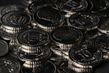 Ukrayna hrivnias sikkeleri. Ukrayna sikkelerinin arka planı 10 Hryvnia. Para ve finans