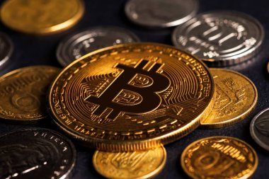 Ukrayna Hryvnia sikkeleri ile parlayan metal bitcoin kripto para birimini kapat. Elektronik merkeziyetçi para konsepti. Ukrayna 'da Bitcoin ve kripto para birimlerini yasallaştır.