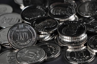 Ukrayna hrivnias sikkeleri. Ukrayna sikkelerinin arka planı 10 Hryvnia. Para ve finans