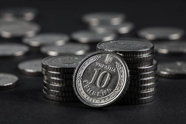 Koyu arkaplanda gümüş paralar. Ukrayna 10 hryvnias sikkesi. Para ve mali durum. Ukrayna paraları