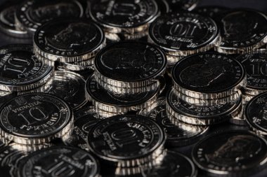 Ukrayna hrivnias sikkeleri. Ukrayna sikkelerinin arka planı 10 Hryvnia. Para ve finans
