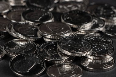 Gümüş sikkeler arka planda. Ukrayna 10 hryvnias sikkesi. Para ve mali durum. Ukrayna paraları