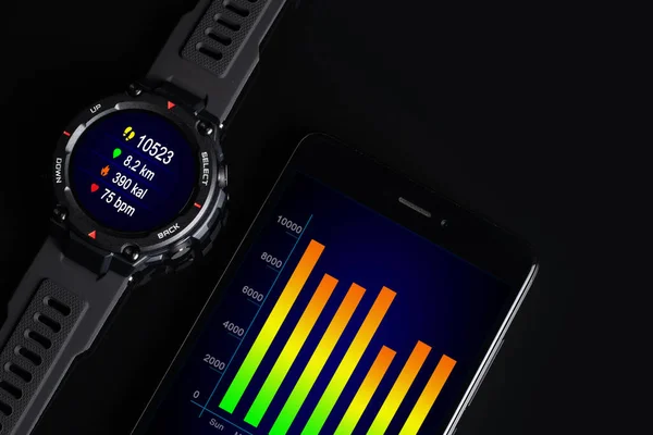 Relógio Inteligente Preto Smartphone Fechar Foco Seletivo — Fotografia de Stock