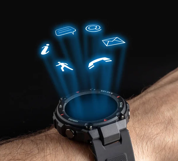 Relógio Inteligente Preto Com Holograma Ícones Serviço Tecnologia Moderna Objeto — Fotografia de Stock
