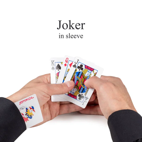 Koncepcja Karta Jokera Rękawie Mężczyzna Trzymający Karty Rękach Białym Tle — Zdjęcie stockowe