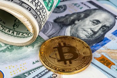 Amerikan dolarlarında altın Bitcoinler. Elektronik para değişimi kavramı.