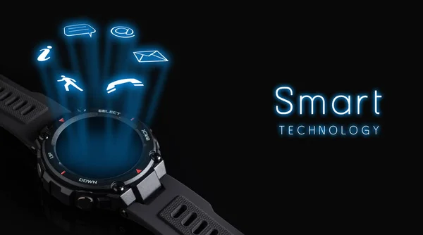 Relógio Inteligente Preto Com Holograma Ícones Serviço Tecnologia Moderna Objeto — Fotografia de Stock
