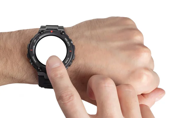 Estação Corredor Homem Usar Sua Aplicação Relógio Inteligente Mãos Fechadas — Fotografia de Stock