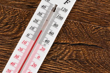 Ahşap arka planda meteoroloji termometresi.