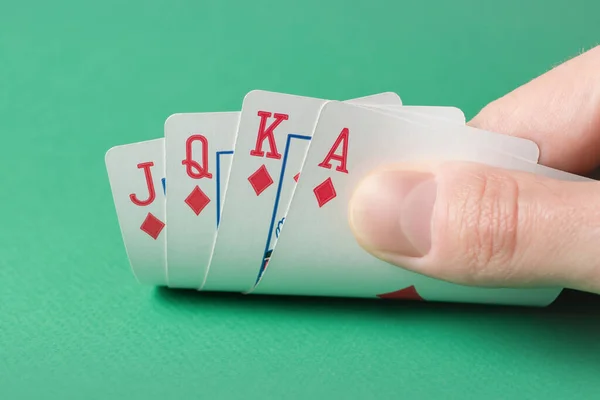 Playing Cards Hand Green Background — Stock Photo, Image