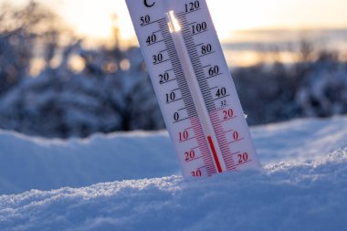 Kardaki termometre, Celsius veya Fareheit 'te düşük sıcaklık gösteriyor. Gün batımında.