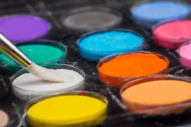 Kutusunda fırça olan renkli boyalar..