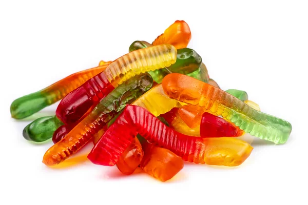 Haufen Saftige Bunte Gelee Würmer Süßigkeiten Gummibärchen Schlangen Auf Weiß — Stockfoto