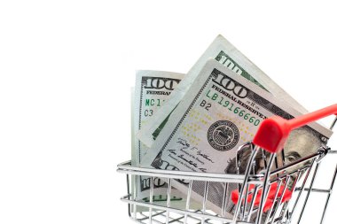 Finansal konsept. İçinde dolar banknotları olan alışveriş arabası. Alışveriş arabasında banknotlar. finansal konsept. Sepette dolar var..
