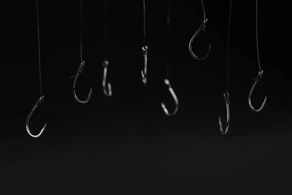 Fishing Hooks Hanging Fishing Line Black Background Concept — Stock Photo, Image