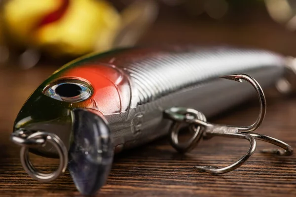 Bunte Angelköder Wobbler Spinner Auf Holztisch Verschiedene Fischköder — Stockfoto