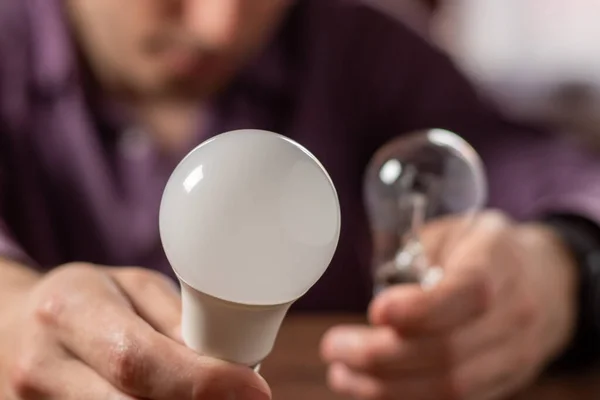 Two Lamps Hands Man Incandescent Light Bulb Led Light Bulb — Stock Photo, Image