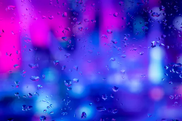 Rain Drops Condensation Window Glass Background Neon Light — Foto Stock