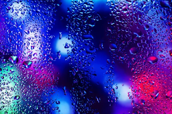 Rain Drops Condensation Window Glass Background Neon Light — Fotografia de Stock
