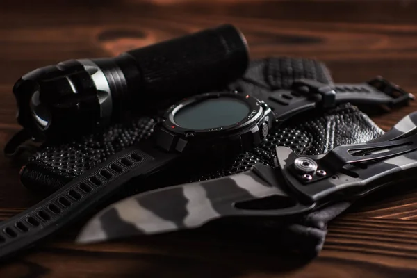 Everyday Carry Edc Items Men Black Color Flashlight Watch Knife — Fotografia de Stock