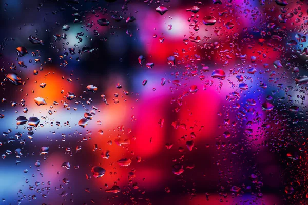 Drops Condensate Sweaty Glass Cold Foggy Glass Background Night Lights — Stockfoto