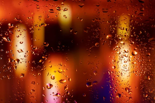 Drops Condensate Sweaty Glass Cold Foggy Glass Background Night Lights — Stok fotoğraf