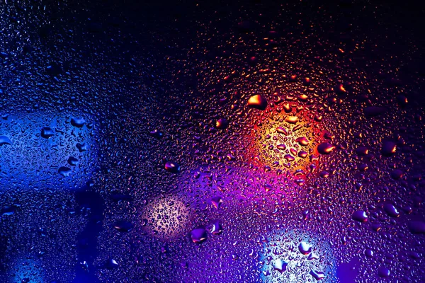 Drops Condensate Sweaty Glass Cold Foggy Glass Background Night Lights — Photo