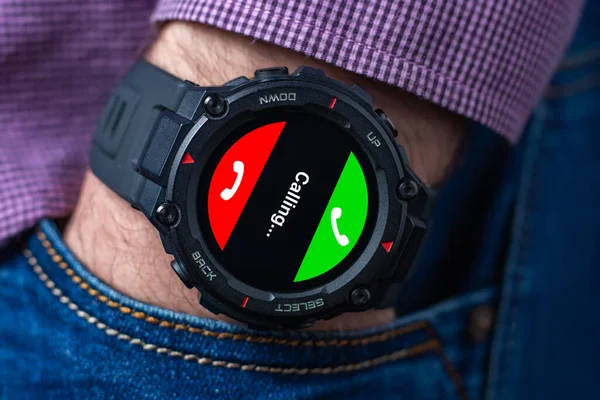 Hand Man Wearing Trendy Smart Watch Modern Gadget Lets You — Fotografia de Stock
