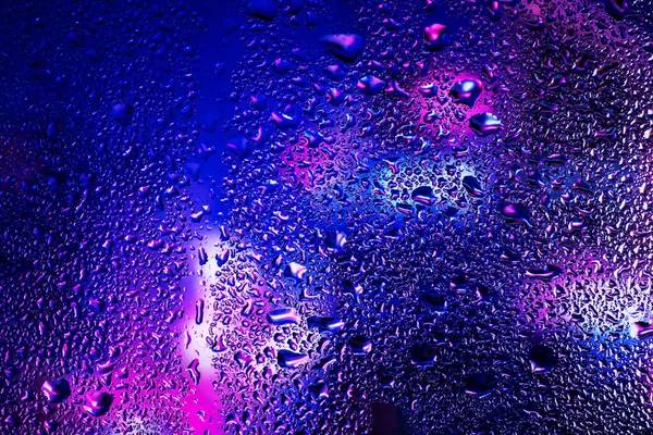 Rain Drops Condensation Window Glass Background Neon Light — Stock Photo, Image