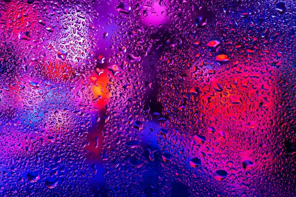 Rain Drops Condensation Window Glass Background Neon Light — Photo