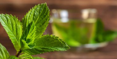 Ahşap zemin üzerinde taze nane yaprakları ve naneli bir fincan çay..