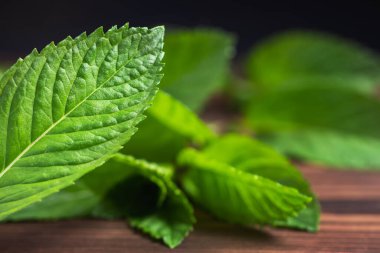 Ahşap masa fotokopi alanında taze nane. Seçici odak.