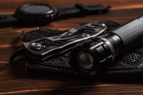 Everyday Carry Edc Items Men Black Color Flashlight Watch Knife — Fotografia de Stock