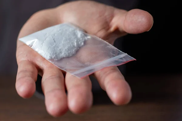 Man Hand Holds Plastic Packet Bag Cocaína Another Drugs Drug — Fotografia de Stock