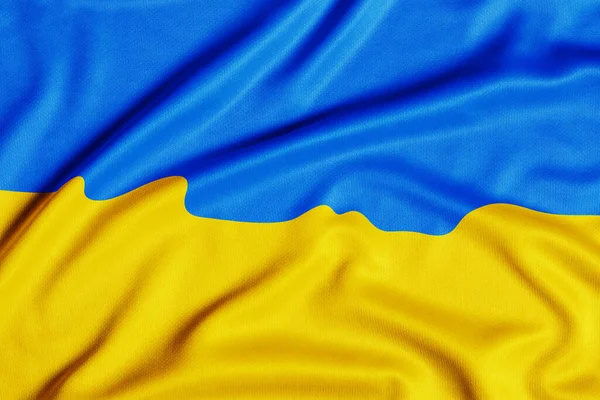 Tkanina Zakrzywiona Flaga Ukrainy Usa Niebieskie Żółte Kolory Zbliżenie Tło — Zdjęcie stockowe