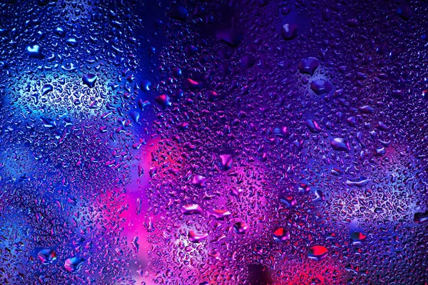 Rain Drops Condensation Window Glass Background Neon Light — Photo