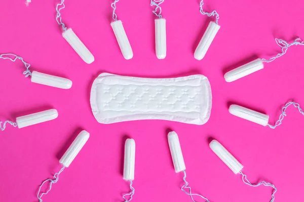 Menstrual Tampons Pads Pink Background Menstruation Cycle Hygiene Protection Copy — Stock Photo, Image
